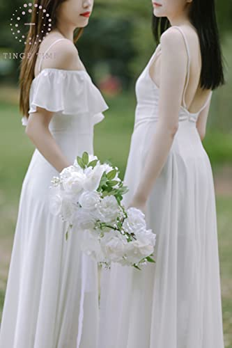 Tinge Time 7 Inch Snowy White Wedding Bouquets For Bridesmaid, Set Of 6, Artificial Flowers Cascading Bridal Bouquet For Wedding Ceremony Anniversary, Bridal Shower And French Rustic Vintage Wedding #TOP3