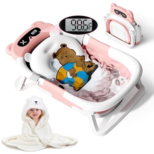 Image of Kerbwry Collapsible Baby Bathtub for Newborn to Toddler (0-24 Months), Portable Baby Tub with Thermometer, Baby Bath Tub for Infants with Floating Cushion and Soft Towel, Pink