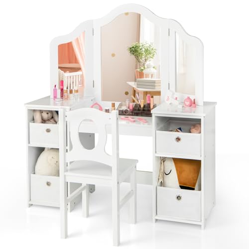 Image of INFANS Kids Vanity, 2 in 1 Princess Makeup Desk & Chair Set with Tri-Folding Detachable Mirror, Large Storage Shelves, Wooden Pretend Play Dressing Table for Girls (Cream White)