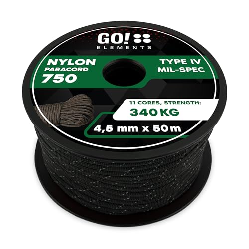 GO!elements Paracord 750 Type IV | Corde en Nylon 100% résistante et extrêmement Stable | ø 4,5 mm - 11 brins - Max. 340 KG | Corde Polyvalente et reepsnoer pour Survie, Camping