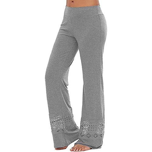 Generisch Pantalones de yoga para mujer, pierna ancha, tallas grandes, pantalones acampanados para mujer, cintura alta, pantalones de algodón y lino, elegantes pantalones marlenehose de encaje