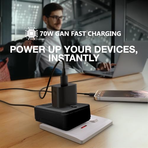 Image of MX 70W Universal Travel Adapter with Dual USB C PD Ports, GaN Fast Charger, UK Plug Universal Socket, International Plug Adapter for Laptop, MacBook, iPhone, Samsung Galaxy, iPad, Tablet