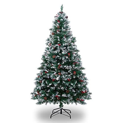 Árboles de Navidad, 6ft/180cm Árbol de Navidad Artificial con 1000 Puntas de Nieve, Piñas Navideño & Bayas Rojas, Base de Metal, Fácil Montaje, Decoración Navideña para el Hogar, Oficina y Exterior Cover