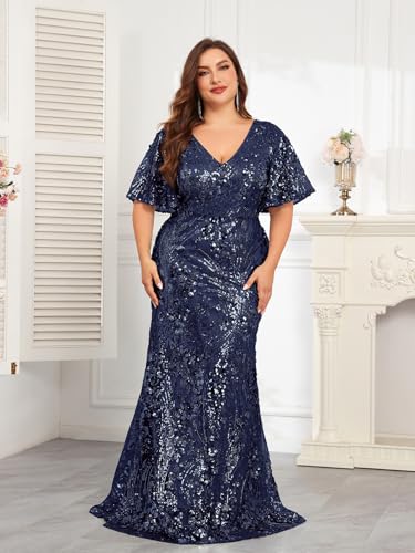 Image of Plus Size Glamous Short Sleeves Womens Sequin Dress Formal Gowns Evening Glitter Mermaid Prom Dress