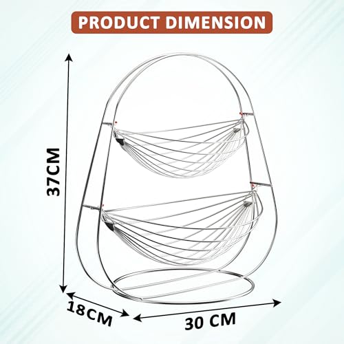 Image of Kuber Industries Stainless Steel 2 Tier Oval Swing Fruit and Vegetable Basket | Countertop Onion Potato Rack for Kitchen /Pantry | Fruit Basket for Dining Table | Vegetable Storage Stand | Silver