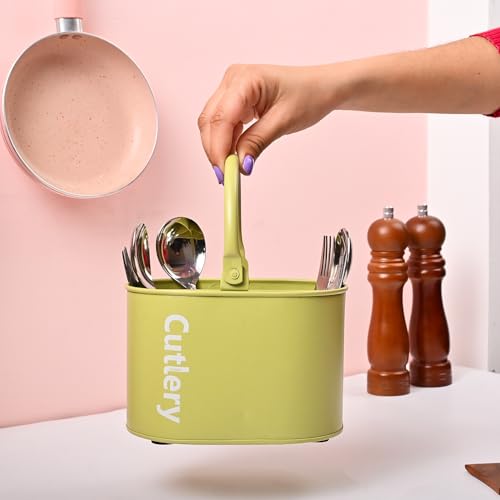 Image of MARKET 99 Galvanised Iron Mint Green Oval Cutlery Holder with Matte Finish | Knife and Fork Holder for Kitchen | Cutlery Stand | Dining Utensil Rack for Dining Table