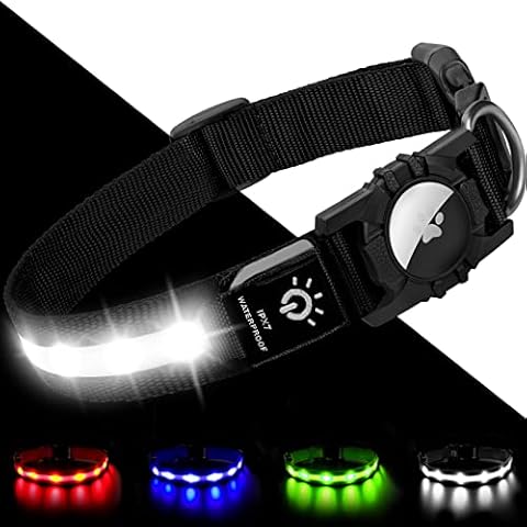 Joytale Light Up Dog Collar[100% IPX7 Waterproof], LED Flashing Airtag Pet Collars for Dark Night Walking, USB C Rechargeable Glow Nylon Collar with Air Tag Holder for Puppies Small Dogs, Black Cover