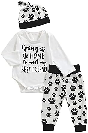 KMBANGI 3Pcs/Set Baby Boy Girl Clothes, Going Home to Meet My Best Friend Bodysuit Top+Paw Print Pants+Hat Outfits (Long sleeve-white, 3-6 Months)