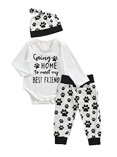 Kmbangi 3Pcs/Set Baby Boy Girl Clothes, Going Home To Meet My Best Friend Bodysuit Top+Paw Print Pants+Hat Outfits (Long Sleeve-White, 3-6 Months) #TOP18