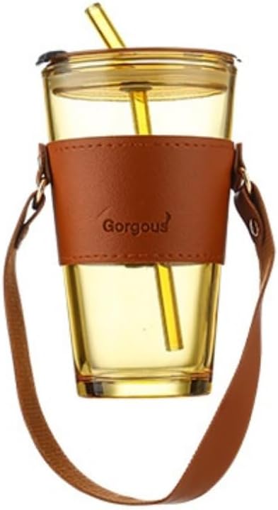 VOIDROP1pc Glass Tumbler 500ml with Glass Straw and Lid, Glass Cup with Leather Sleeve, Glass Coffee Mugs for Straw and Direct Drinking Mouth Dual Use, Summer Travel Essential Bottle (XM, Amber)