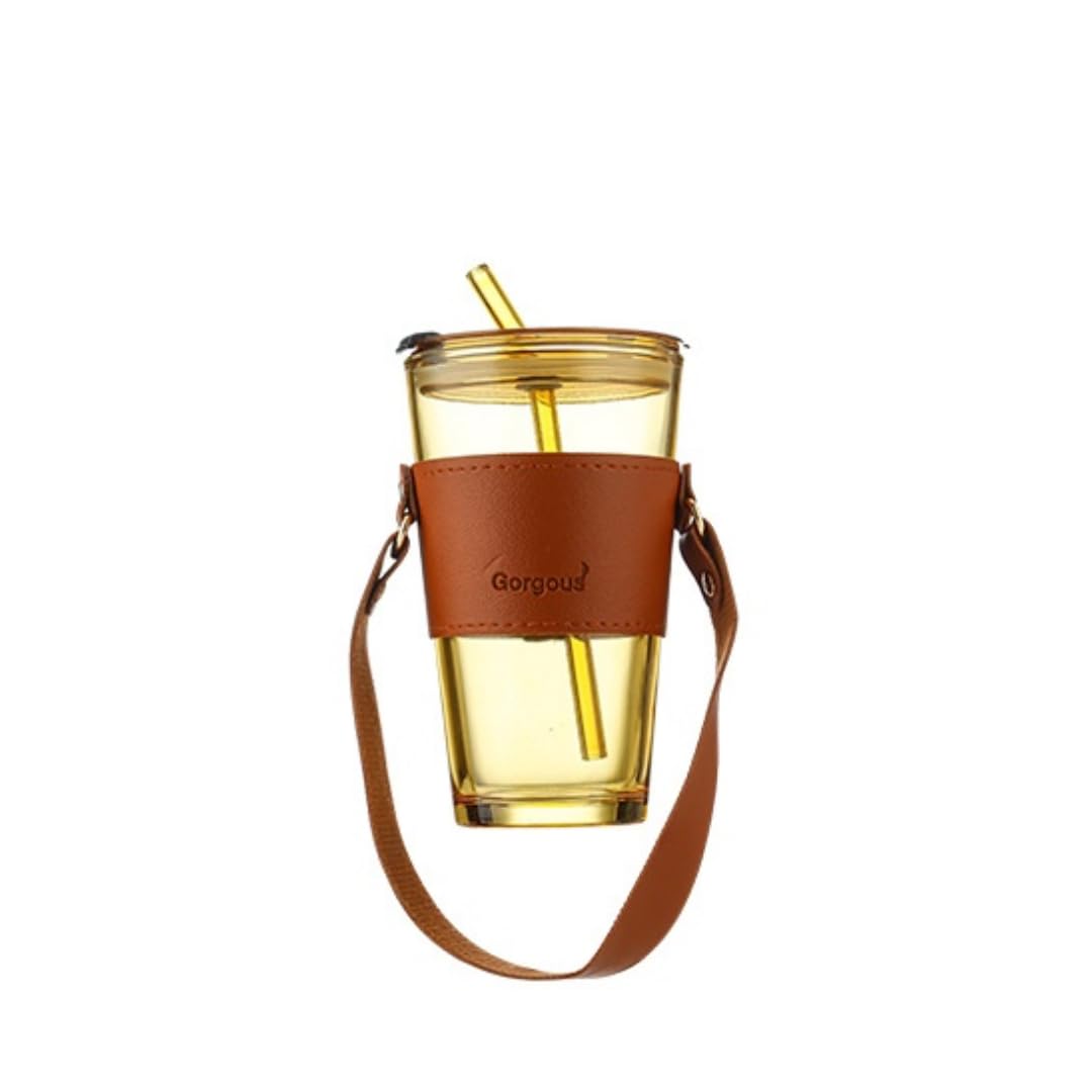VOIDROP1pc Glass Tumbler 500ml with Glass Straw and Lid, Glass Cup with Leather Sleeve, Glass Coffee Mugs for Straw and Direct Drinking Mouth Dual Use, Summer Travel Essential Bottle (XM, Amber)