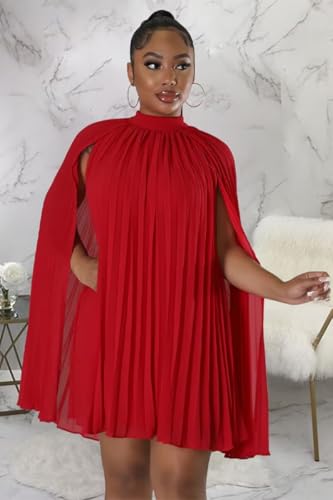 Image of Women's Casual Cape Sleeve Pleated Split Short Dress Loose Fit Cocktail Party Flowy Dress