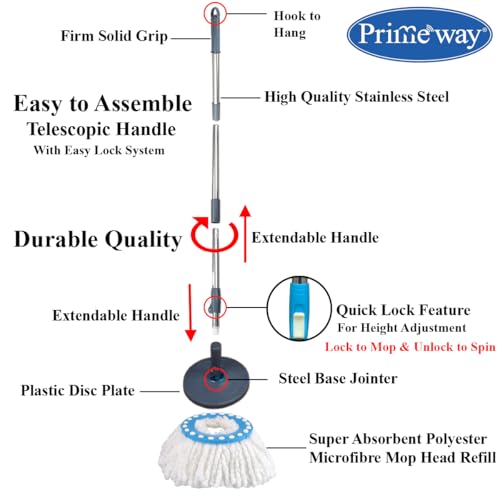 Image of Primeway SS Spin Floor Mop 127cm Length Extendable Handle Stick Rod | Floor Cleaning Replacement Set | Handle + Disc + 115g Refill | Grey