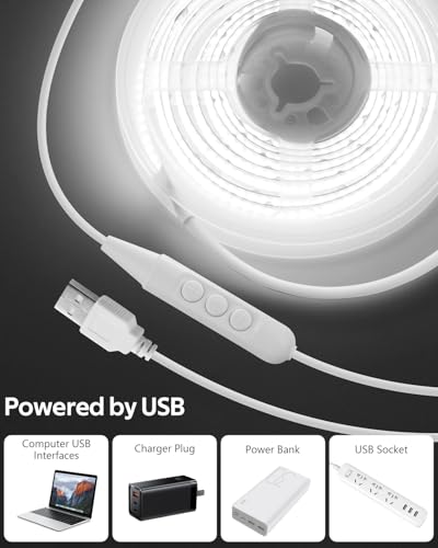 Image of Aclorol 5V COB LED Strip Light White 6000K Dimmable LED TV Backlights 4.92FT /1.5M 480LEDs Flexible and Cuttable Tape Lights with 1.5M USB Cable for Kitchen Cupboard Mirror Staircase Counter Shelves