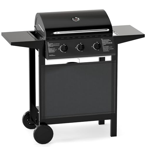 TANGZON 3 Burner Gas BBQ, 24,000 BTU Outdoor Barbecue Grill with Lid, Built-in Thermometer, Stainless Steel Grates, 2 Side Tables & Storage Shelf, Gas BBQ Trolley Family Sized Cooking Area for Camping