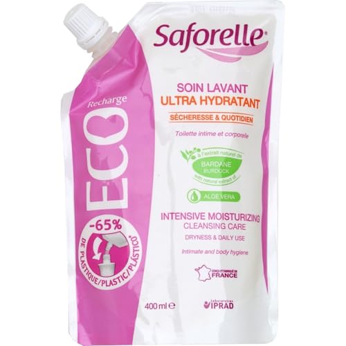 Saforelle Soin Lavant Intime d'une hydratation intense contre la sécheresse avec 3 recharges
