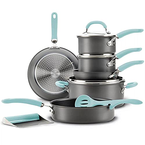 Rachael Ray 81125 11-Piece Hard Anodized Aluminum Cookware Set, Gray with Light Blue Handles