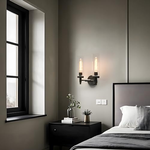 Image of Phansthy Rustic Industrial Wall Sconce Light with Tubular Clear Glass Lampshade (Double Sconce)