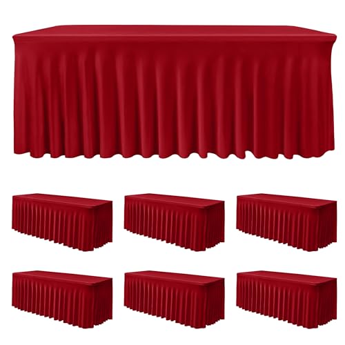 Image of HolidayIdeas 6 Pack Red Spandex Table Skirt for 6 Ft Rectangle Tables, Fitted Stretch Tablecloth 30 x 72 Inch, Wrinkle Resistant Ruffle Design for Valentine's Day, Monther's Day, Trade Shows, Parties