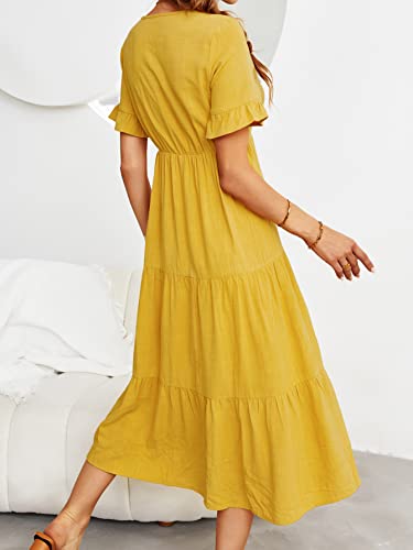 Vaiaye Women's 2023 Summer Boho Midi Dress Casual V Neck Short Sleeve Flowy Ruffle Tiered High Waist Beach Long Dresses Yellow #TOP1