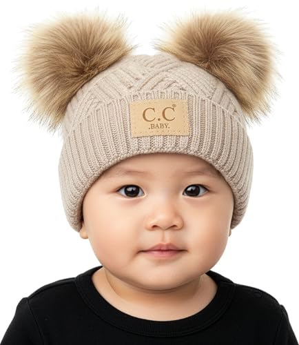 Funky Junque Double Pom Pom Baby Beanie – Newborn Girl Winter Hat 0–12 Months, Cute Cozy Knit Infant Beanies for Cold Weather