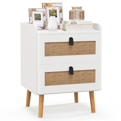 COSTWAY Commode 2 Tiroirs, Table de Chevet avec Pieds en Bois Massif, Poignée Noir Design, Tiroir en Rotin Bohème, Petite Commode Scandinave, Blanc(2 Tiroirs)