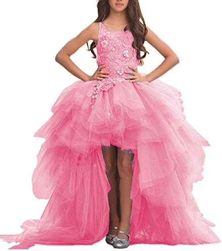 Adela Lace High Neck Pageant Dresses Ball Gown Hi-Low Appliques Kids Wedding First Communion Dress with Train AR028 Pink