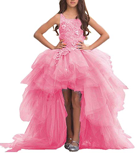 Adela Lace High Neck Pageant Dresses Ball Gown Hi-Low Appliques Kids Wedding First Communion Dress With Train Ar028 Pink #TOP25