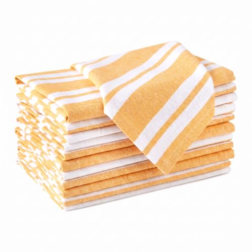 Image of Encasa XO Dining Table Napkins Set of 12, 43x43 cm | Machine Washable Reusable, Recycled Cotton Cloth Napkin, Soft & Absorbent, Table Decor for Hotels, Farmhouse - White & Franca Yellow Stripes