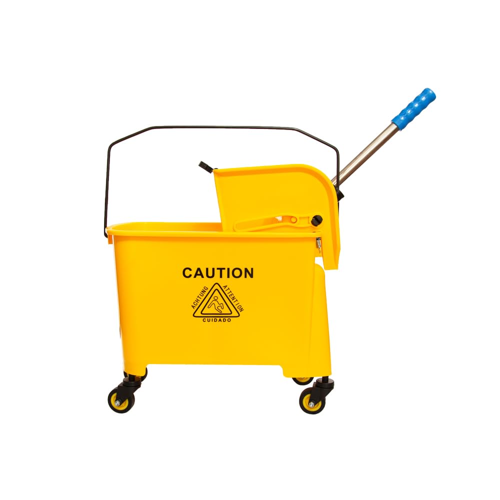 Berry Seau à franges Kentucky avec essoreuse | Seau à franges sur roulettes avec poignée | Chariot essoreuse jaune avec panneau d'avertissement pour sol humide pour le nettoyage dans les restaurants