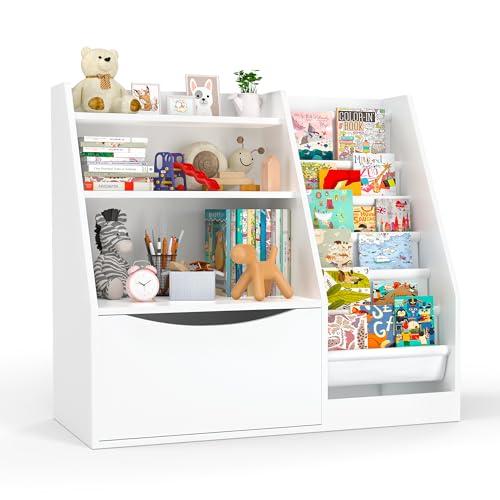 Image of TOETOL Kids Bookshelf & Book Storage,3 Tier Wooden Toddler Bookshelf for Children,Nursery Book Shelves with 6 Sling,Organizer & Book Shelf for Kids Rooms,Bedroom,Playroom White