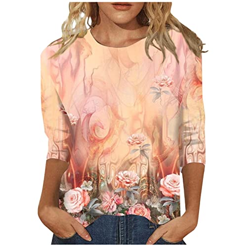 HTHLVMD Womens 3/4 Length Sleeve Tops 2025 Fall Fashion Floral Print Crewneck Causal Trendy Tunic Tops for Women