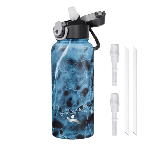 Image of Konokyo 32 oz Insulated Water Bottle with Straw, Carry Loop, Marble Ocean