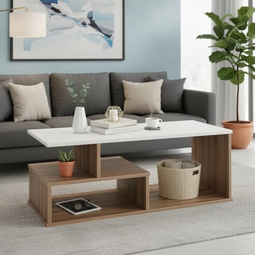 Image of FURNEASER Witely Coffee Table Modern Centre Table with Storage Shelves, Teapoy, Centerpeice Tea & Coffee Table for Living Room, Engineered Wood, Matte Finish (Exotic Teak & White)