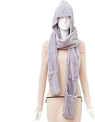 Veewon Winter Warm Women Hoodie Gloves Pocket Earflap Hat Long Scarf Shawl Snood Wraps Fashion Scarfs (Gray) Apparel