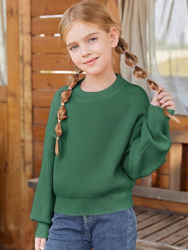 Image of Haloumoning Girls Knit Pullover Sweaters Mock Neck Long Lantern Sleeve Jumper Tops 5-14 Years
