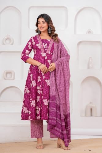 Image of KANCHAN TRADERS Women's Cotton Round Neck 3 /4 Sleeve Chikankari Embroidered Printed Kurta Palazzo with Dupatta Set