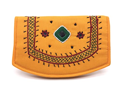 Image of SriShopify Women Small Wallets Purse Clutch Credit Card Coin Holder Zipper Mini Wallets for Girls Handmade Applique Mirror Work (7.5 Inch Yellow Pocket Purse)