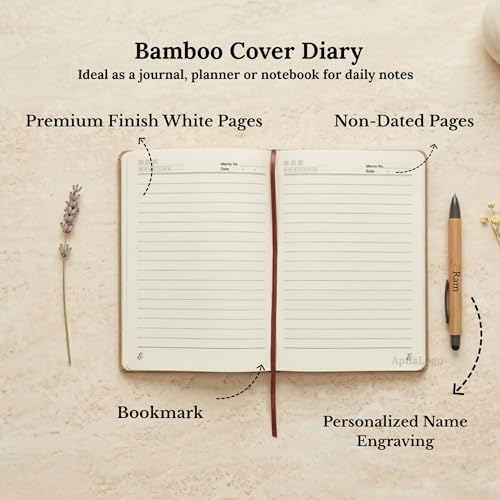 Image of Personalised Diary and Pen Set with Name or Logo with Gift Box | Bamboo Cover Diary and Pen Eco-Friendly Set | Customized Corporate Gift, Executive Office Gift, Birthday Gift for Men & Women