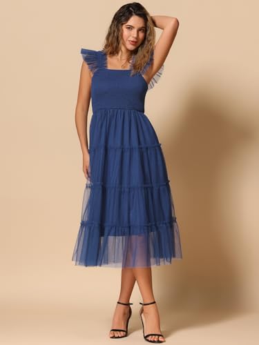 Image of Allegra K Women's Summer Midi Tulle Dress Sleeveless Smocked Square Neck Tiered Ruffled Wedding Guest Dress