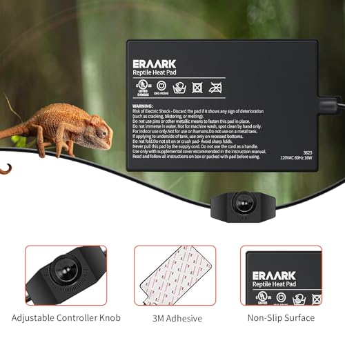 ERAARK Reptile Heating Pad 8\" X 12\" with Temperature Adjustable Controller Knob, 16W Terrarium Heating Mat for Reptiles Amphibians Hermit Crab Snake Lizard Turtles Lizards (8\"X 12\" with Adjust Knob)