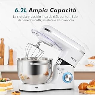 Kitchen in the box Impastatrice Planetaria, 6,2 Litri Impastatrice Professionale 1400W, 6 Velocità con Uncino Impastatore, Mescolatore e Frusta Sbattitrice (Bianco)