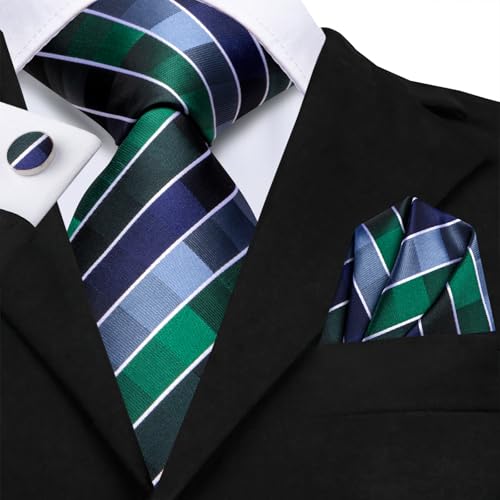 Image of Hi-Tie Silk Ties for Men Plaid Paisley Striped Necktie Pocket Square Cufflinks Set Formal Business