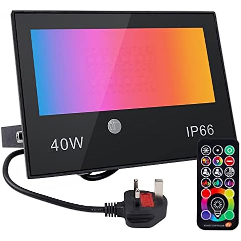 VARICART LED Floodlight Outdoor 40W, 120 RGB Colours Changing Flood Lights, Warm White 3000K, IP66 Waterproof, Built-in Memory with Remote, DIY Program & Timing Function - 4000LM, 6 Modes, UK 3-Plug Cover
