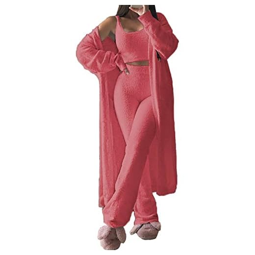 VamJump Womens Fuzzy Fleece Lounge Set 3 Piece Kimono Cardigan Set Crop Top Long Pants PJ Set,Pink,L