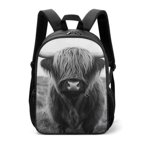 Black White Highland Cow Travel Backpack Casual Daypack Shoulder Bag with Adjustable Shoulder Straps for Hiking