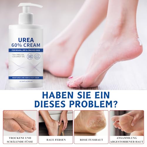 Urea Creme 60 Prozent 300g, 60% Urea Fusscreme gegen Sehr Trockene Füsse Hornhaut, Feuchtigkeitsspendende Hornhautentferner Creme, Fußcreme für Ellbogen, Knie, Fersen & Hände