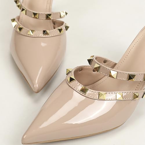 Women'S Studded Strappy Pointed Toe Stiletto Mules Slip On Fanshion Kitten Heel Backless Mary Jane Pumps Bridal Wedding Party Dress Hight Heel Shoes3