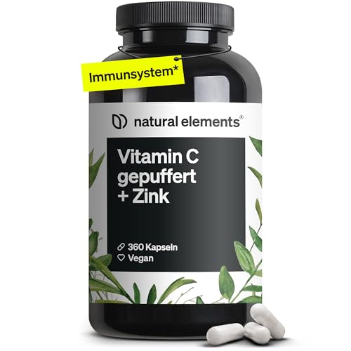 natural elements Vitamin C - 360 Kapseln - Hochdosiert mit 1000mg + 15mg Zink - Pflanzlich fermentiert & gepuffert (pH-neutral, säurefrei, magenschonend) - vegan, laborgeprüfte Qualität