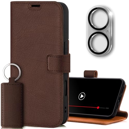 Protection caméra iPhone 16 Plus étui en cuir avec clapet et fonction support